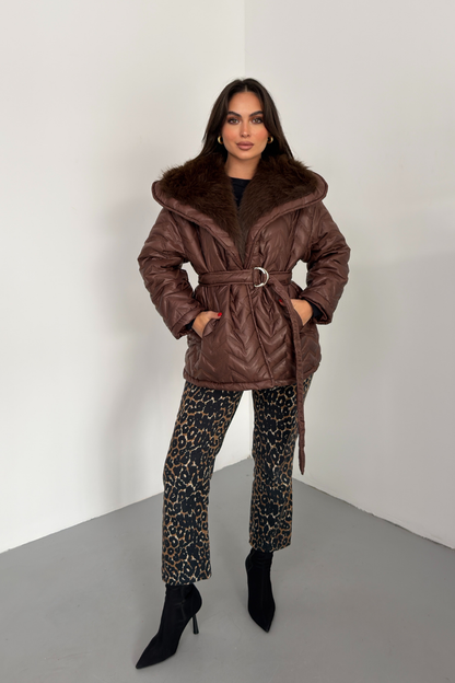 Kadın Şişme Mont Geniş Yaka Kemerli İçi Kürklü Kapitone Mont