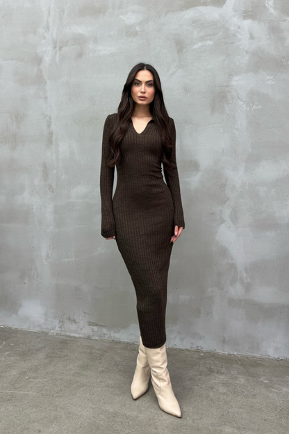 Kadın Elbise Uzun Triko Kışlık Polo Yaka Likralı Kalem Elbise