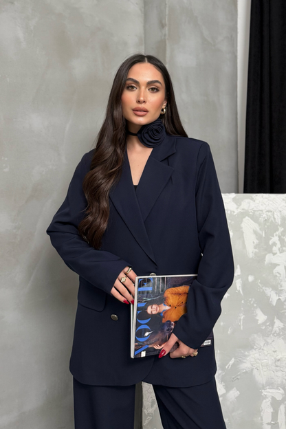 Kadın İkili Blazer Ceket Pantolon Takım Aksesuar ve Düğme Detaylı Bol Paça