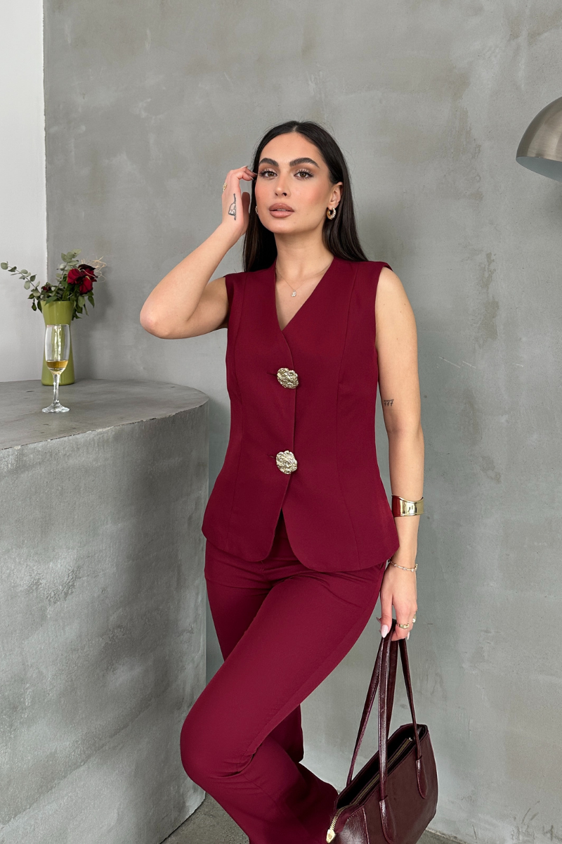 Kadın Alt Üst Takım Şık Düğme Detaylı Yelek Pantolon İkili Takım