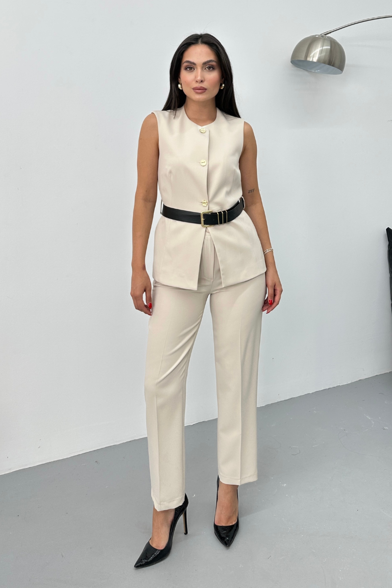 Kadın İkili Alt Üst Takım Şık Kemerli Düğme Detaylı Bisiklet Yaka Regular Yelek Pantolon Takım