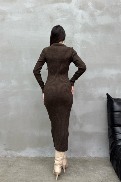 Kadın Elbise Uzun Triko Kışlık Polo Yaka Likralı Kalem Elbise