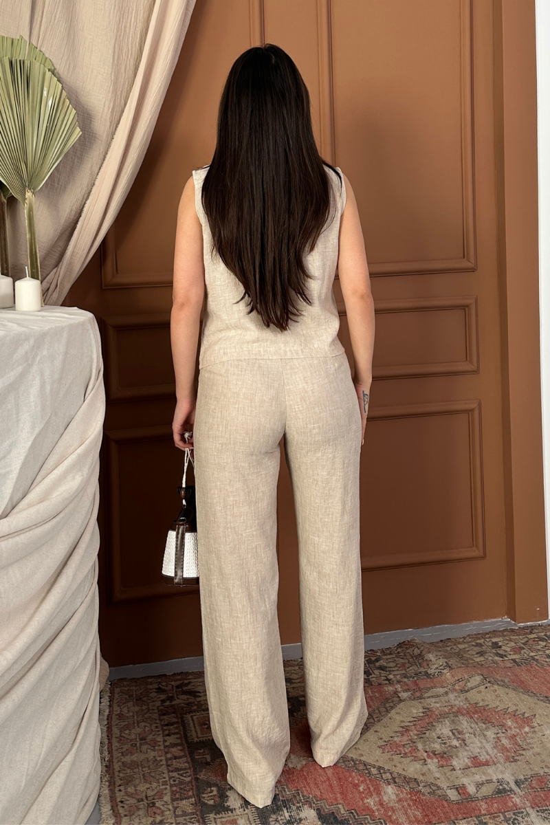 Kadın Alt Üst Takım Keten Düğme ve Cep Detaylı Kruvaze Yaka Yelek Bol Paça Pantolon Takım