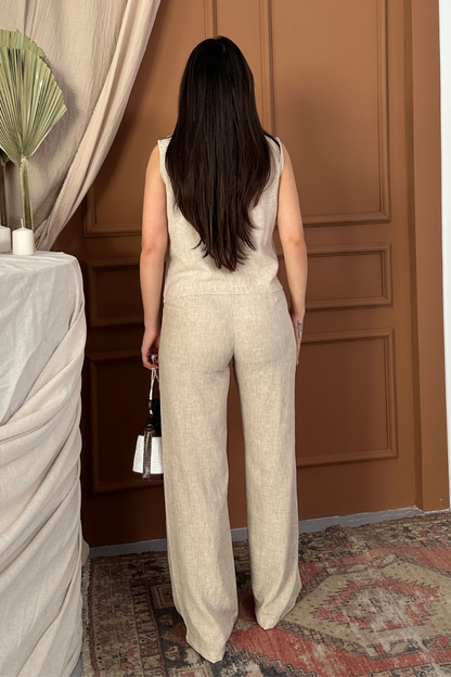 Kadın Alt Üst Takım Keten Düğme ve Cep Detaylı Kruvaze Yaka Yelek Bol Paça Pantolon Takım