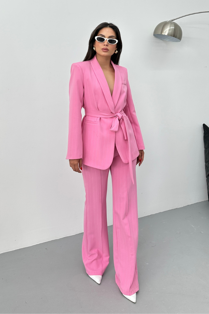 Kadın Çizgili Kuşaklı Blazer Ceket Pantolon Takım