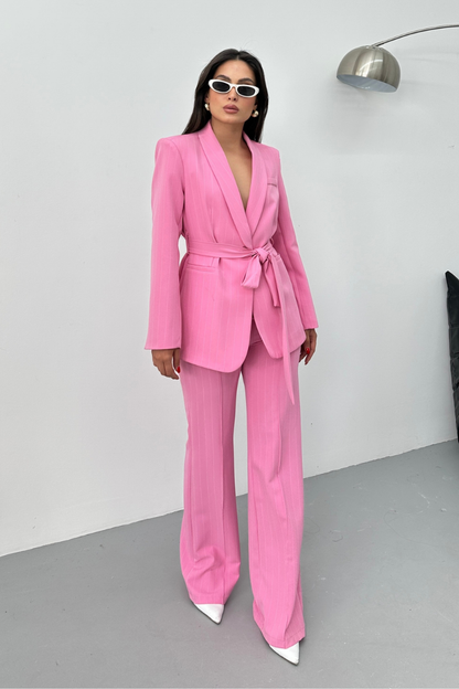 Kadın Çizgili Kuşaklı Blazer Ceket Pantolon Takım