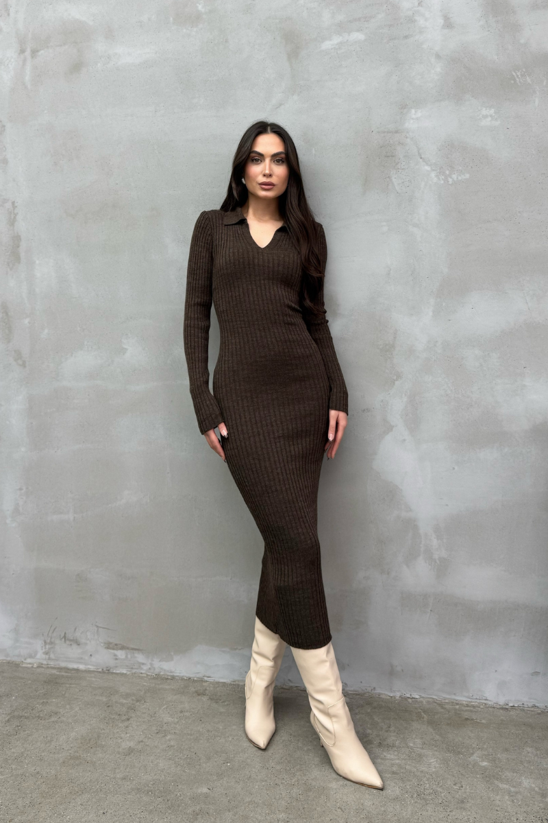 Kadın Elbise Uzun Triko Kışlık Polo Yaka Likralı Kalem Elbise