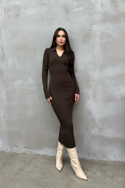 Kadın Elbise Uzun Triko Kışlık Polo Yaka Likralı Kalem Elbise