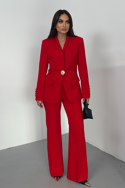 Kadın İkili Takım Şık Düğme Detaylı Dik Yaka Blazer Ceket Bol Paça Pantolon Takım