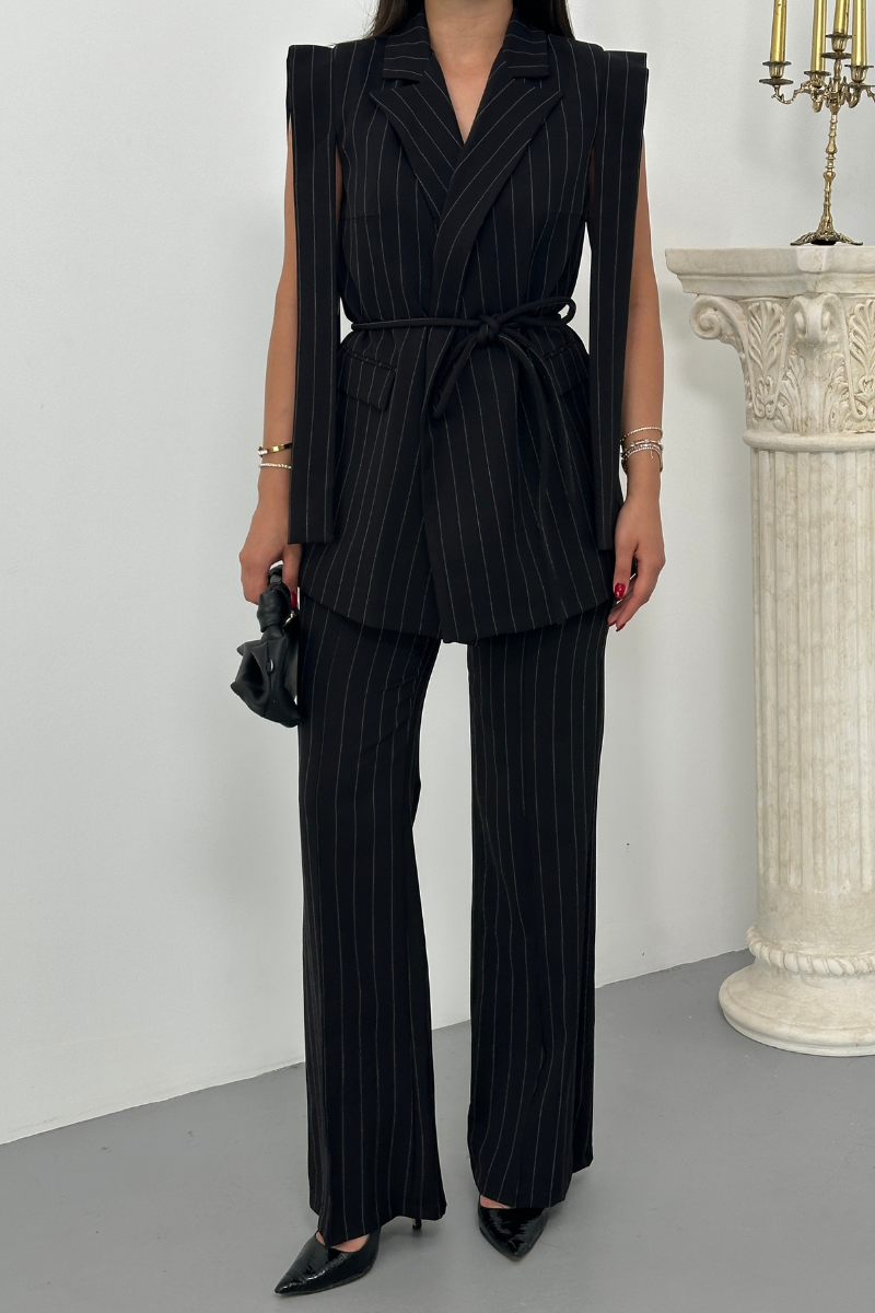 Kadın Alt Üst İkili Takım Çizgili Omuz Detaylı Kuşaklı Yelek Pantolon Takım
