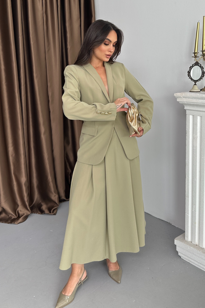 Kadın İkili Takım Şık Düğme Detaylı Dik Yaka Blazer Ceket Uzun Etek Takım