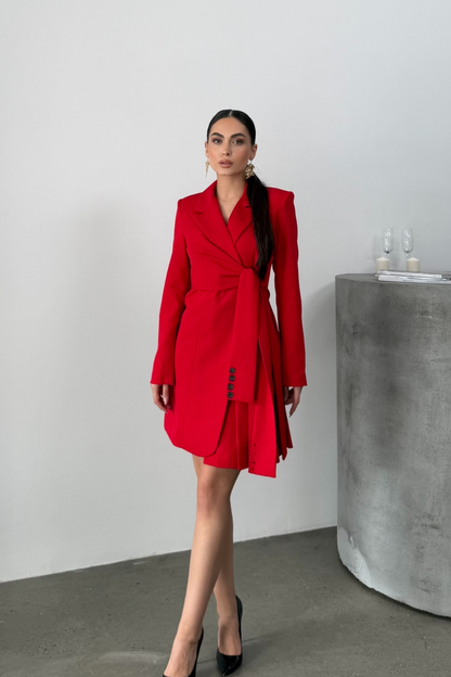 Kadın Elbise Mini Şık Uzun Kollu Kuşaklı Kruvaze Yaka Pileli Ceket Elbise