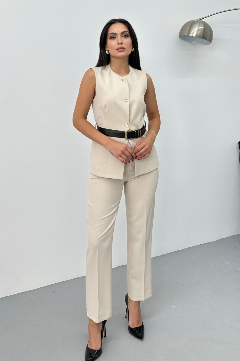 Kadın İkili Alt Üst Takım Şık Kemerli Düğme Detaylı Bisiklet Yaka Regular Yelek Pantolon Takım
