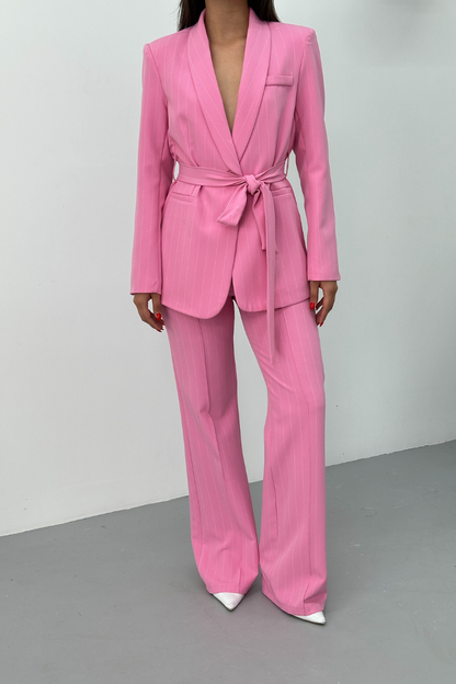 Kadın Çizgili Kuşaklı Blazer Ceket Pantolon Takım