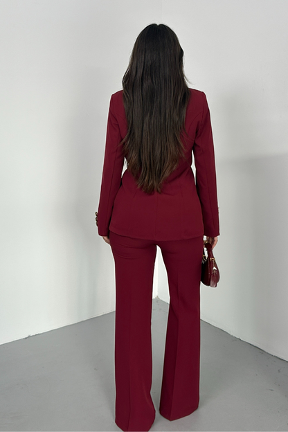 Kadın İkili Takım Şık Düğme Detaylı Dik Yaka Blazer Ceket Bol Paça Pantolon Takım