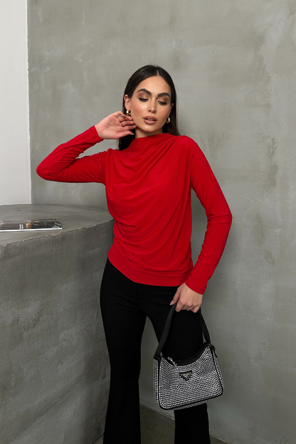 Kadın Bluz Drapeli Uzun Kollu Sandy Kumaş Yüksek Yakalı Likralı Bluz