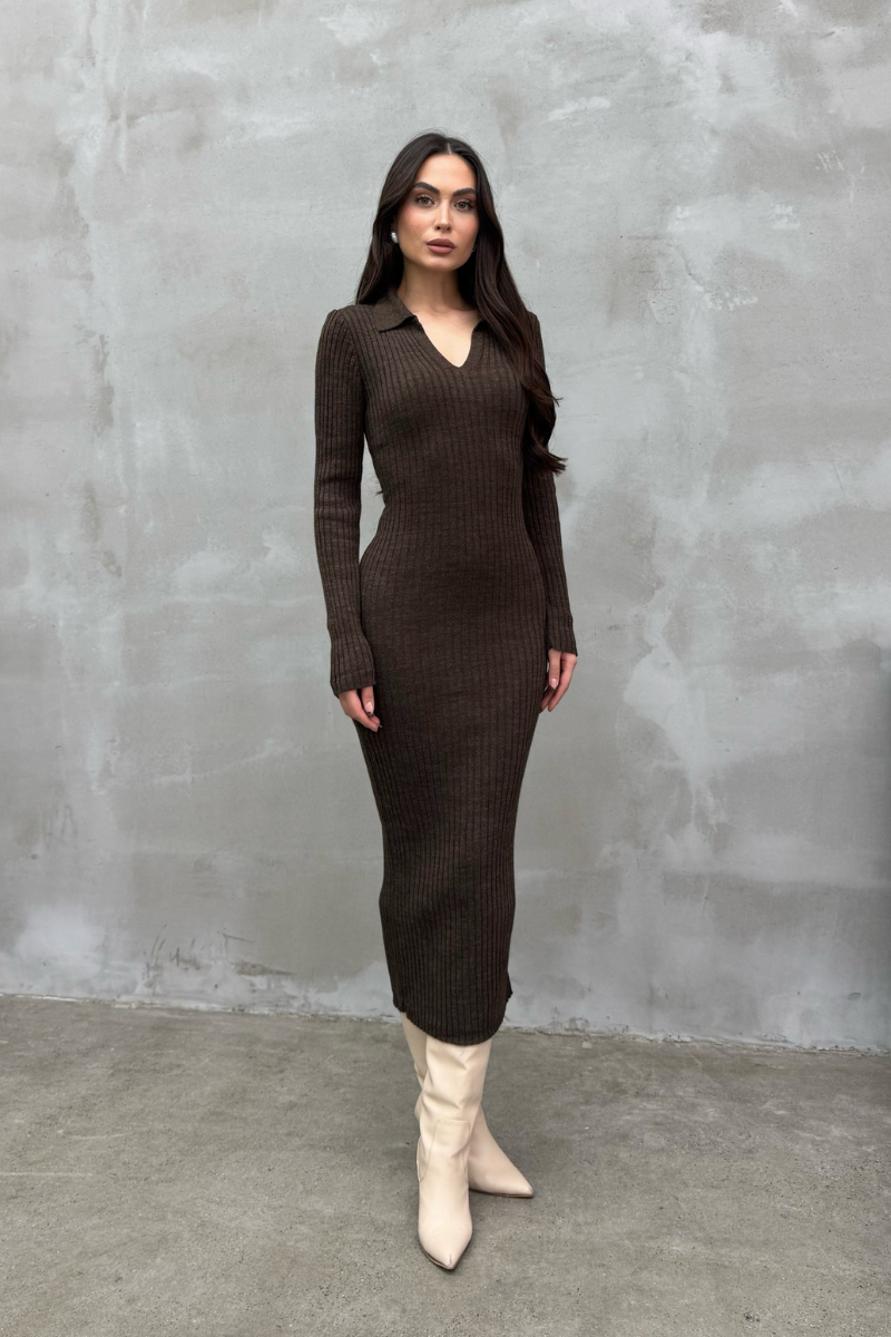 Kadın Elbise Uzun Triko Kışlık Polo Yaka Likralı Kalem Elbise