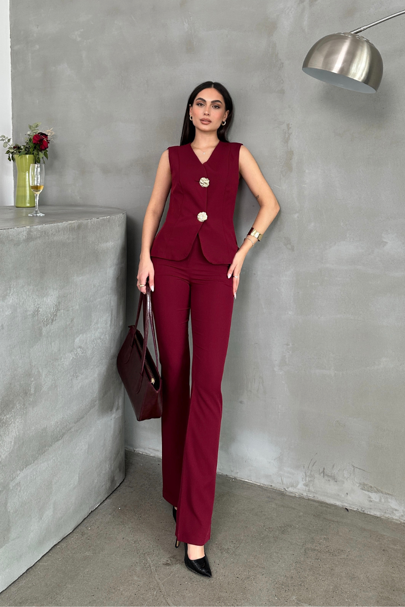 Kadın Alt Üst Takım Şık Düğme Detaylı Yelek Pantolon İkili Takım