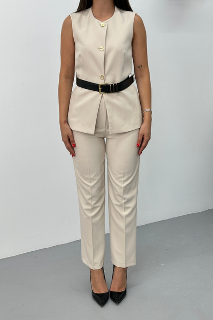 Kadın İkili Alt Üst Takım Şık Kemerli Düğme Detaylı Bisiklet Yaka Regular Yelek Pantolon Takım