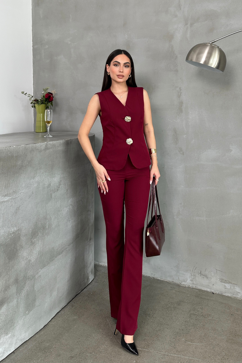 Kadın Alt Üst Takım Şık Düğme Detaylı Yelek Pantolon İkili Takım