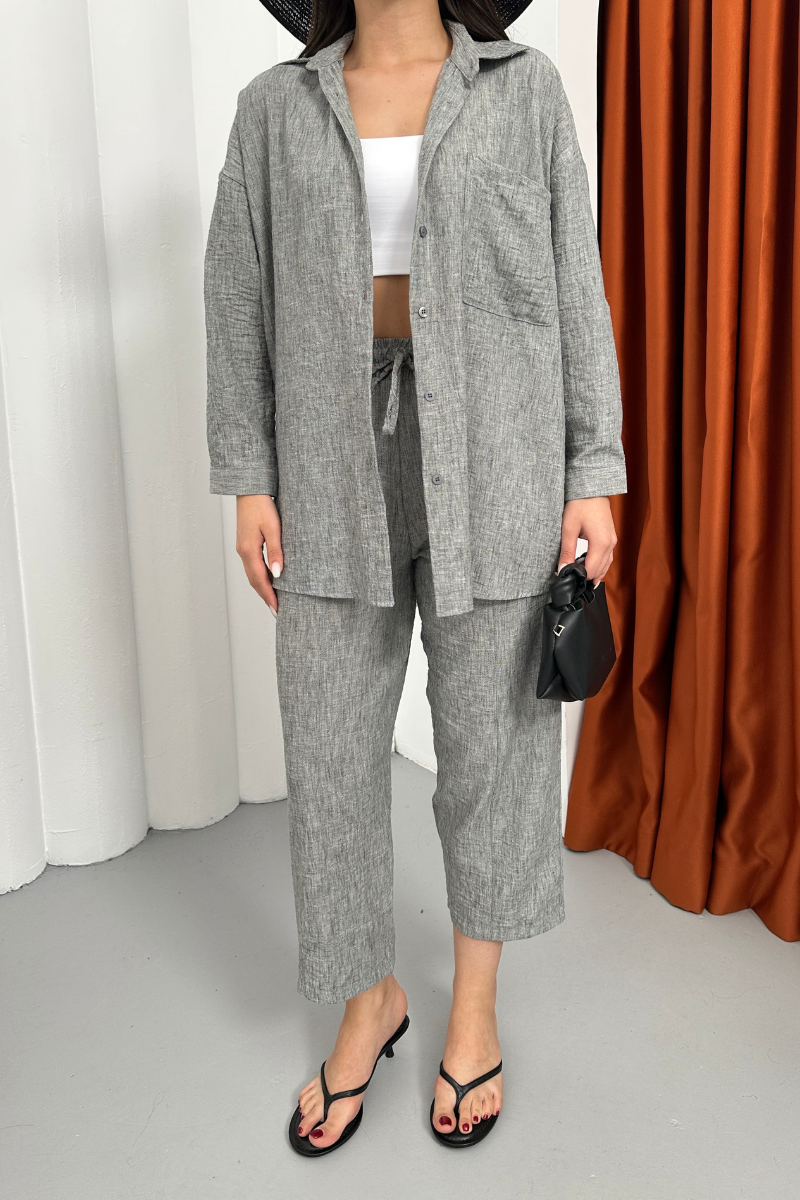 Kadın Alt Üst Takım Yazlık Keten Cep Detaylı Pantolon Gömlek İkili Takım