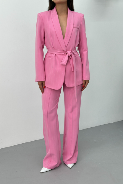 Kadın Çizgili Kuşaklı Blazer Ceket Pantolon Takım