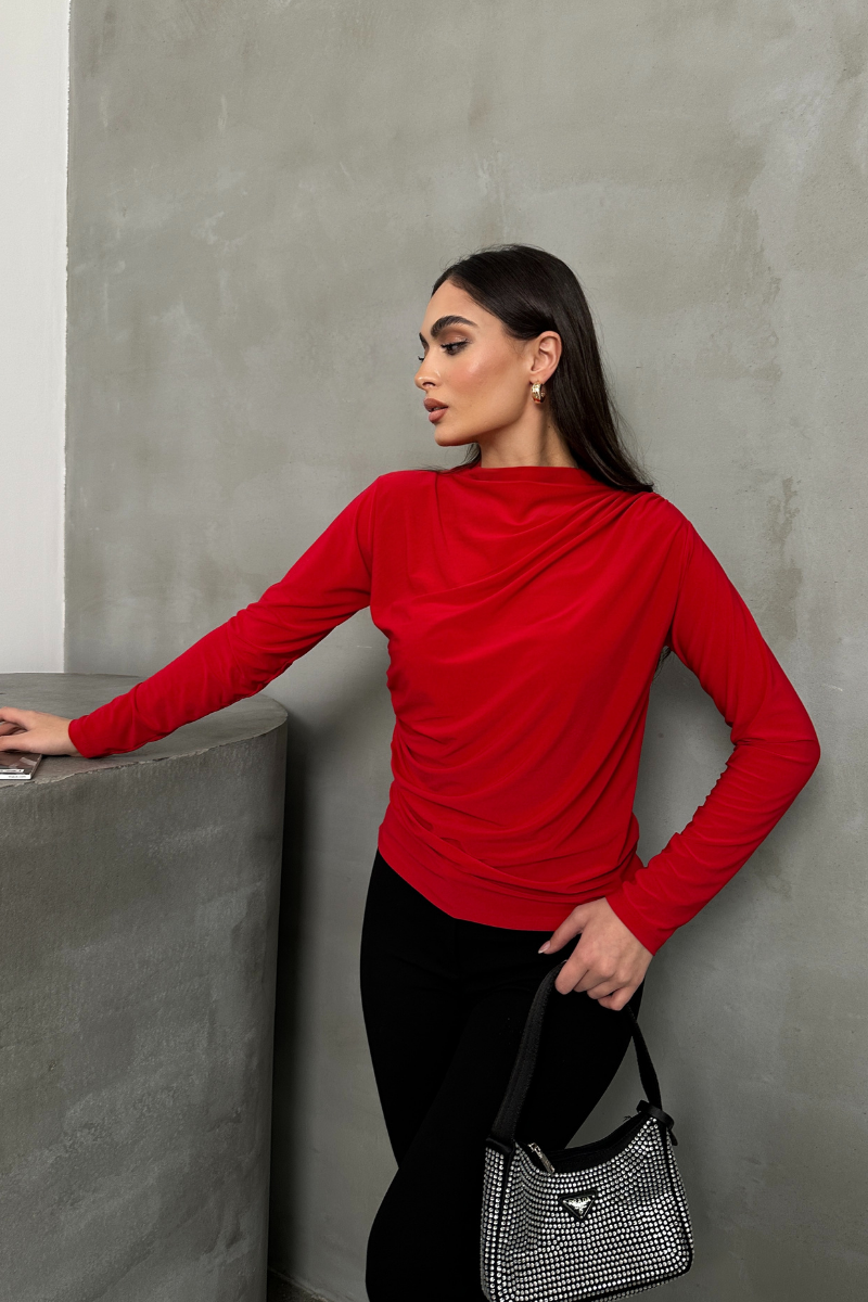 Kadın Bluz Drapeli Uzun Kollu Sandy Kumaş Yüksek Yakalı Likralı Bluz