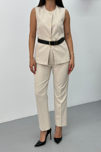 Kadın İkili Alt Üst Takım Şık Kemerli Düğme Detaylı Bisiklet Yaka Regular Yelek Pantolon Takım