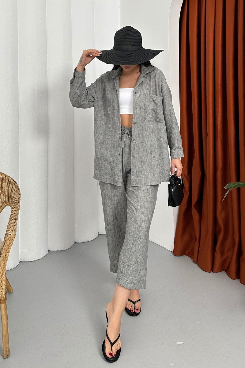 Kadın Alt Üst Takım Yazlık Keten Cep Detaylı Pantolon Gömlek İkili Takım