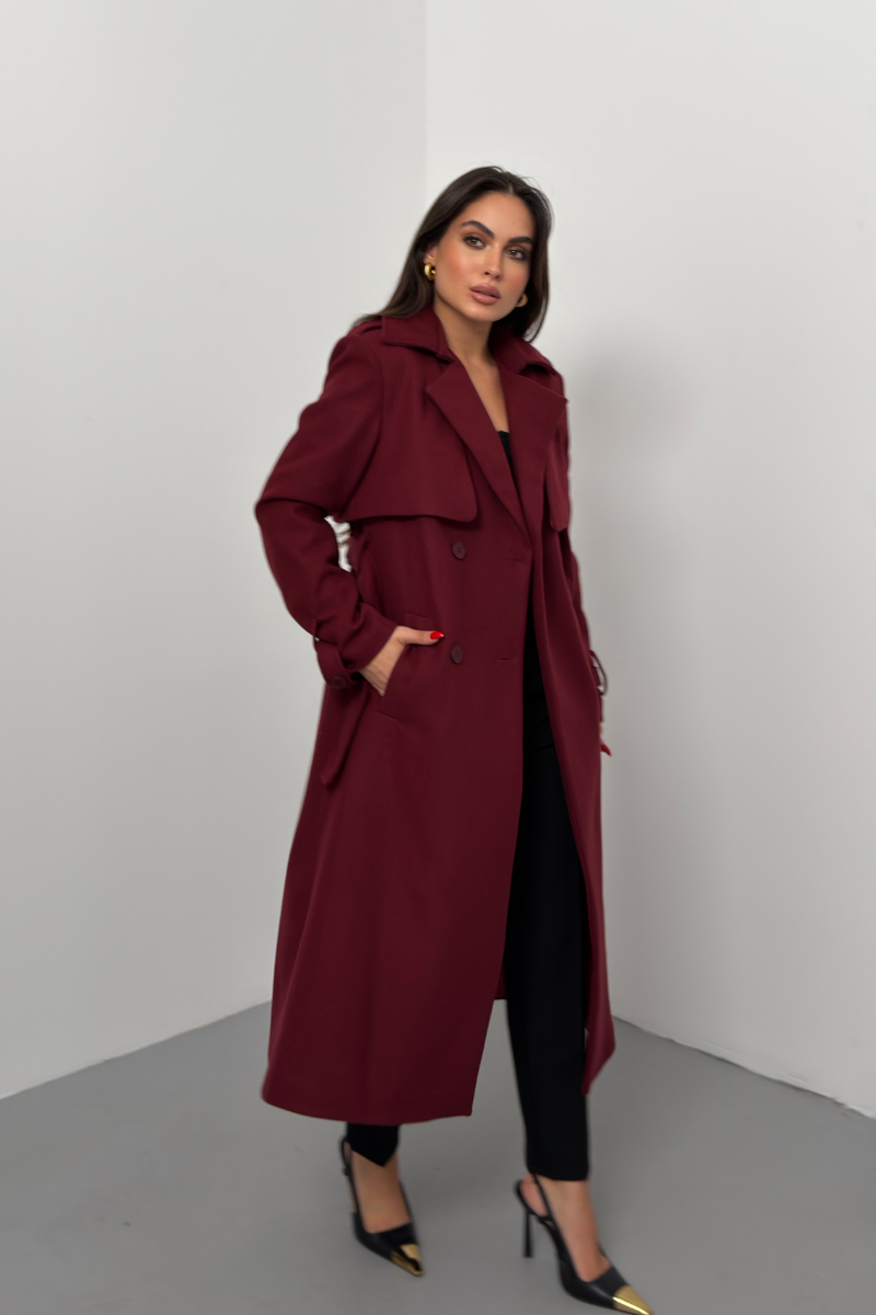 Kadın Kaban Uzun Kaşe  Kuşaklı Düğmeli Cepli Kruvaze Premium Kaban