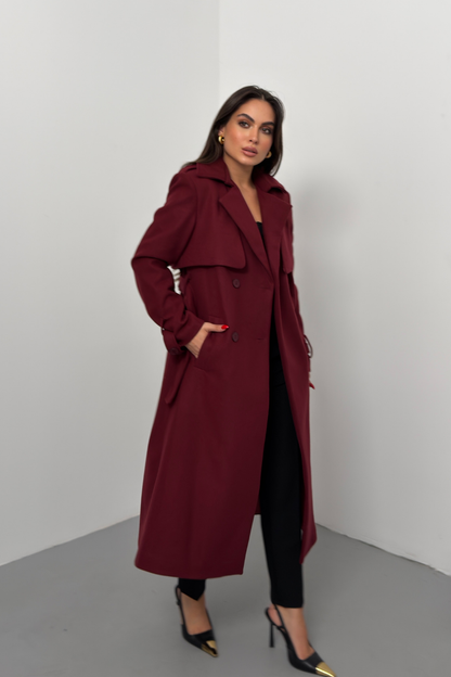 Kadın Kaban Uzun Kaşe  Kuşaklı Düğmeli Cepli Kruvaze Premium Kaban