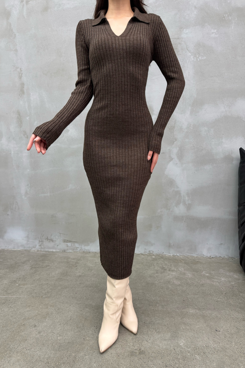 Kadın Elbise Uzun Triko Kışlık Polo Yaka Likralı Kalem Elbise