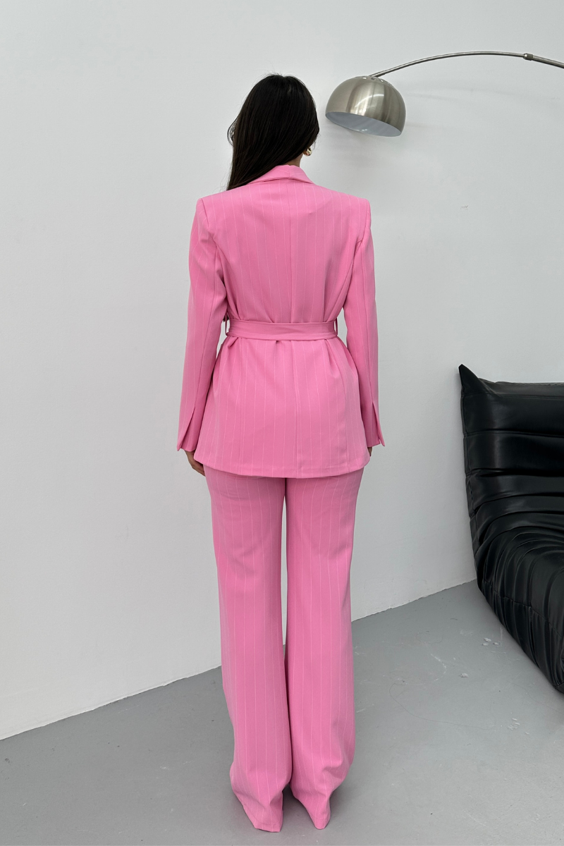 Kadın Çizgili Kuşaklı Blazer Ceket Pantolon Takım