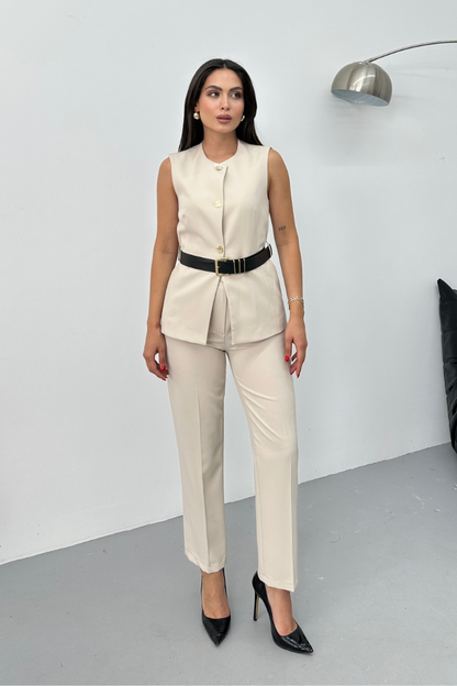 Kadın İkili Alt Üst Takım Şık Kemerli Düğme Detaylı Bisiklet Yaka Regular Yelek Pantolon Takım