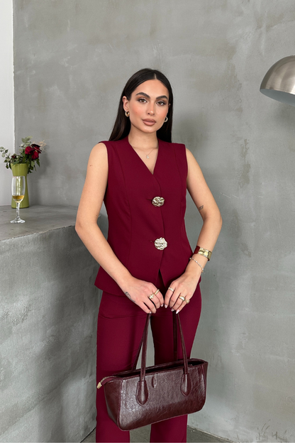 Kadın Alt Üst Takım Şık Düğme Detaylı Yelek Pantolon İkili Takım