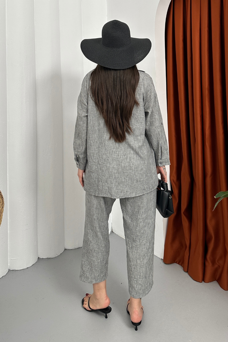 Kadın Alt Üst Takım Yazlık Keten Cep Detaylı Pantolon Gömlek İkili Takım