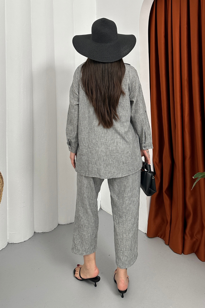 Kadın Alt Üst Takım Yazlık Keten Cep Detaylı Pantolon Gömlek İkili Takım