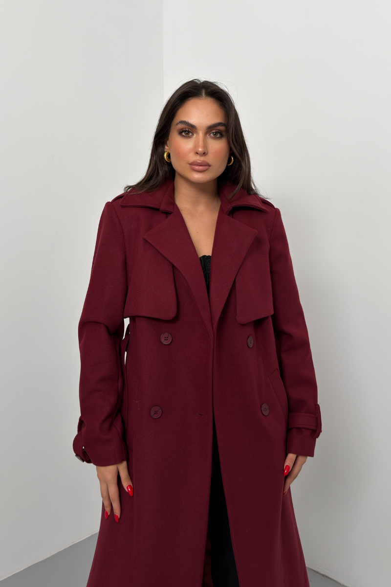 Kadın Kaban Uzun Kaşe  Kuşaklı Düğmeli Cepli Kruvaze Premium Kaban