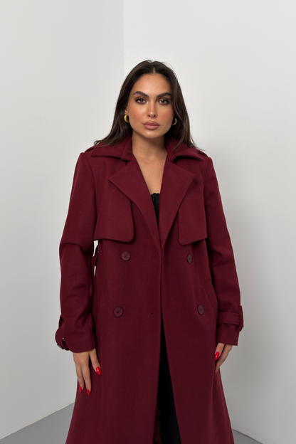 Kadın Kaban Uzun Kaşe  Kuşaklı Düğmeli Cepli Kruvaze Premium Kaban