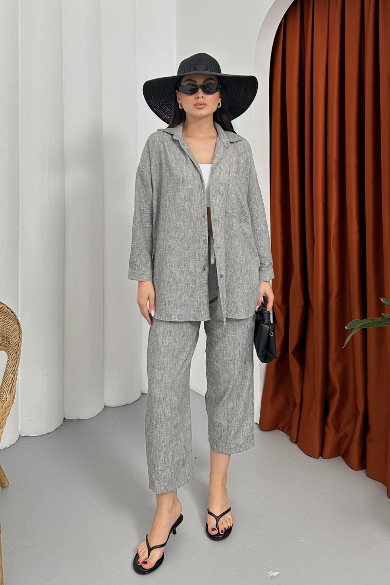 Kadın Alt Üst Takım Yazlık Keten Cep Detaylı Pantolon Gömlek İkili Takım