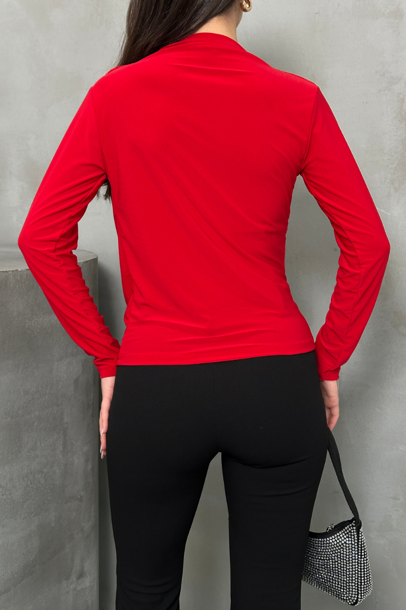 Kadın Bluz Drapeli Uzun Kollu Sandy Kumaş Yüksek Yakalı Likralı Bluz