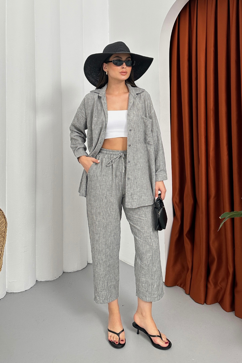 Kadın Alt Üst Takım Yazlık Keten Cep Detaylı Pantolon Gömlek İkili Takım