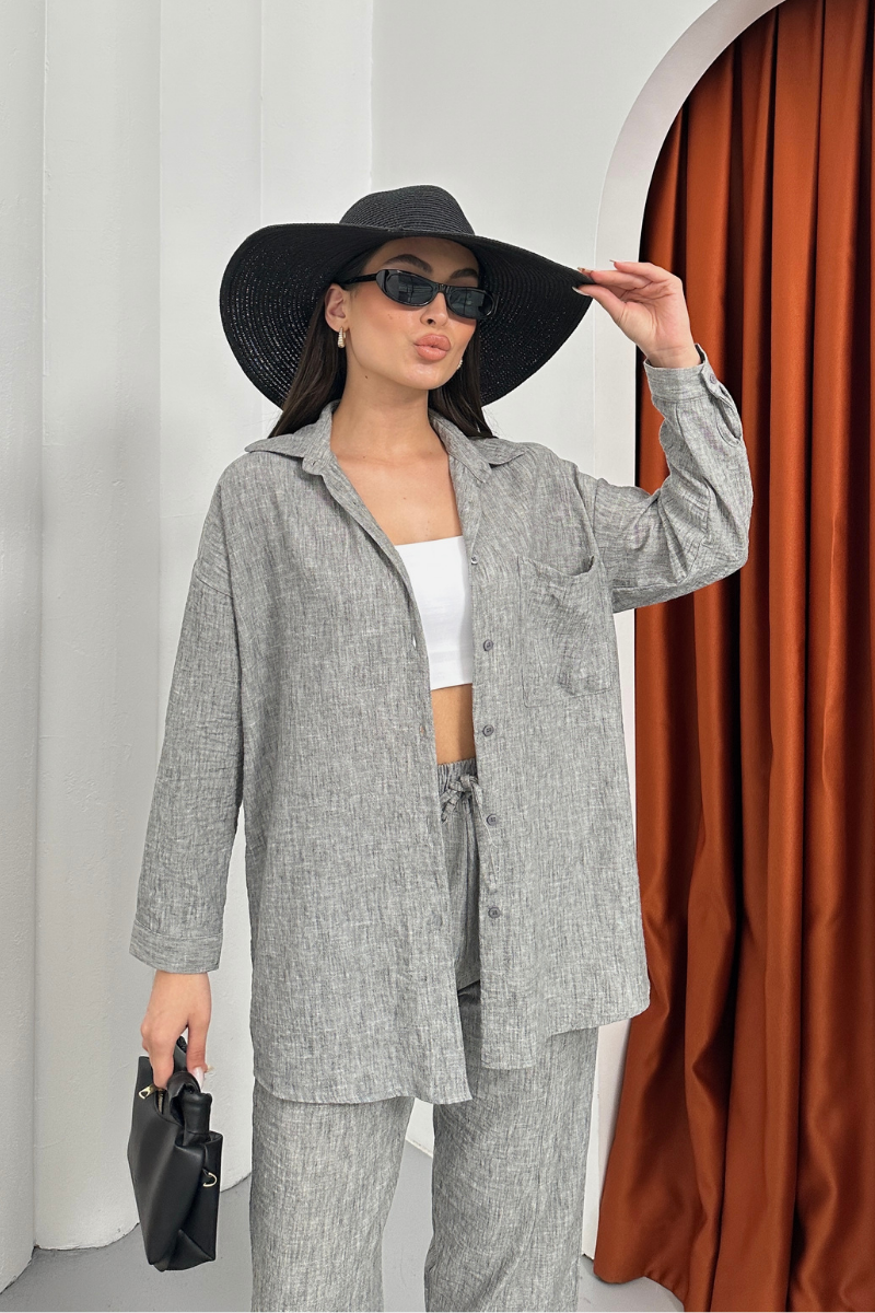 Kadın Alt Üst Takım Yazlık Keten Cep Detaylı Pantolon Gömlek İkili Takım