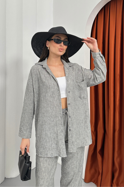 Kadın Alt Üst Takım Yazlık Keten Cep Detaylı Pantolon Gömlek İkili Takım