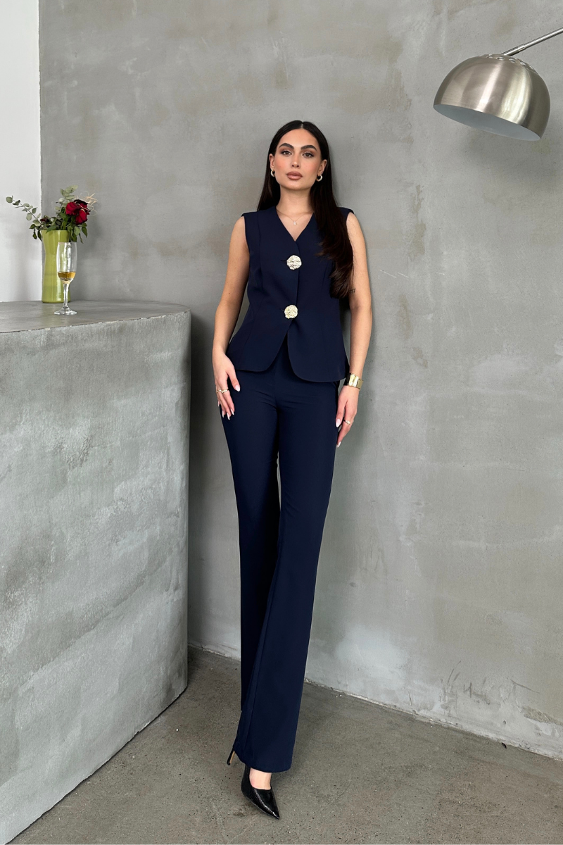 Kadın Alt Üst Takım Şık Düğme Detaylı Yelek Pantolon İkili Takım