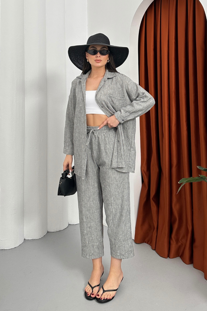 Kadın Alt Üst Takım Yazlık Keten Cep Detaylı Pantolon Gömlek İkili Takım
