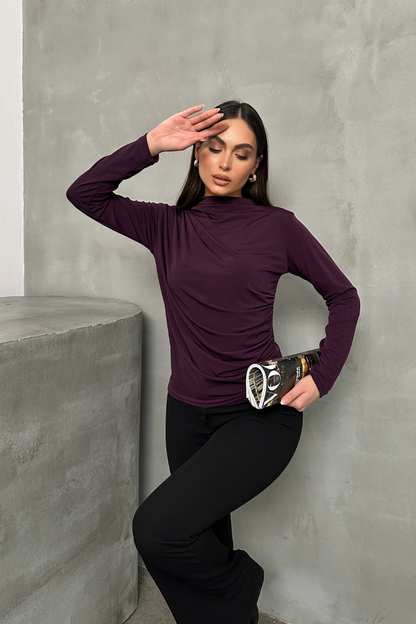 Kadın Bluz Drapeli Uzun Kollu Sandy Kumaş Yüksek Yakalı Likralı Bluz