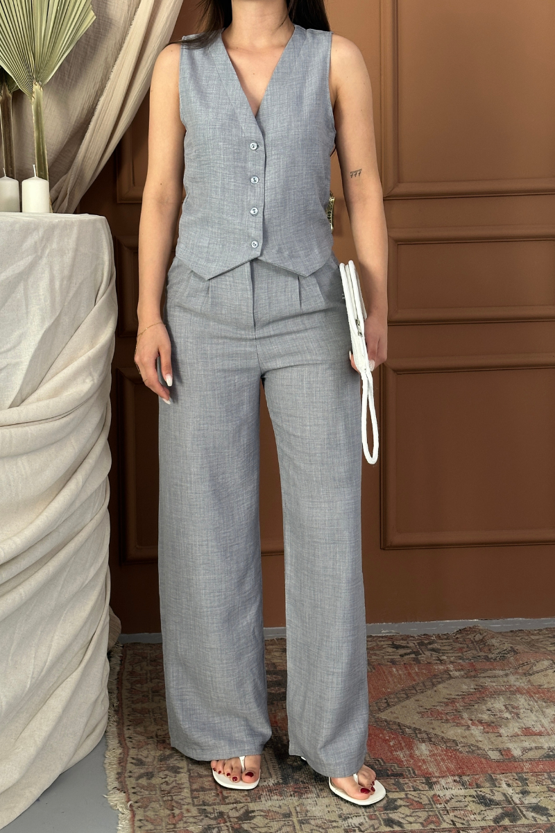 Kadın Alt Üst Takım Keten Düğmeli V Yaka Yelek Bol Paça Pantolon Takım