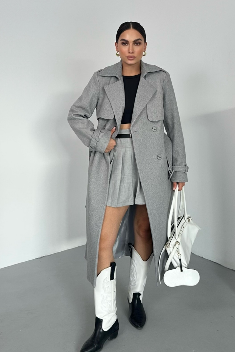 Kadın Kaban Uzun Kaşe  Kuşaklı Düğmeli Cepli Kruvaze Premium Kaban