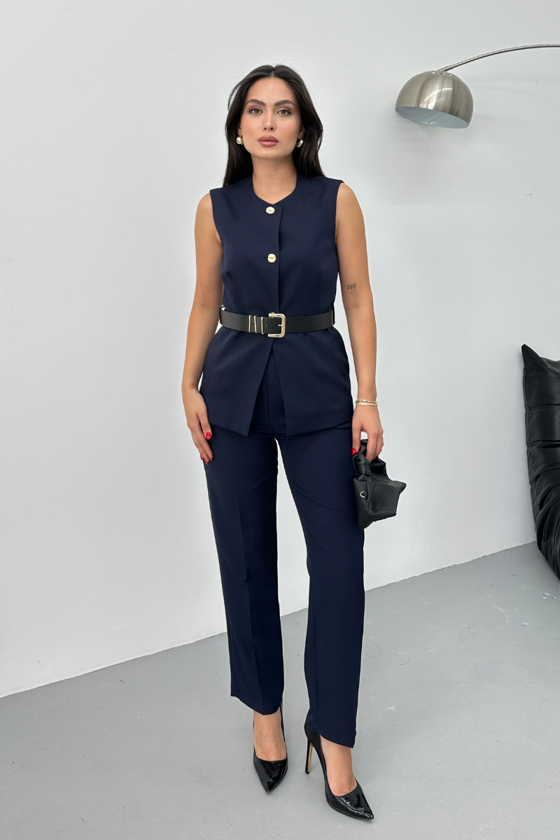 Kadın İkili Alt Üst Takım Şık Kemerli Düğme Detaylı Bisiklet Yaka Regular Yelek Pantolon Takım